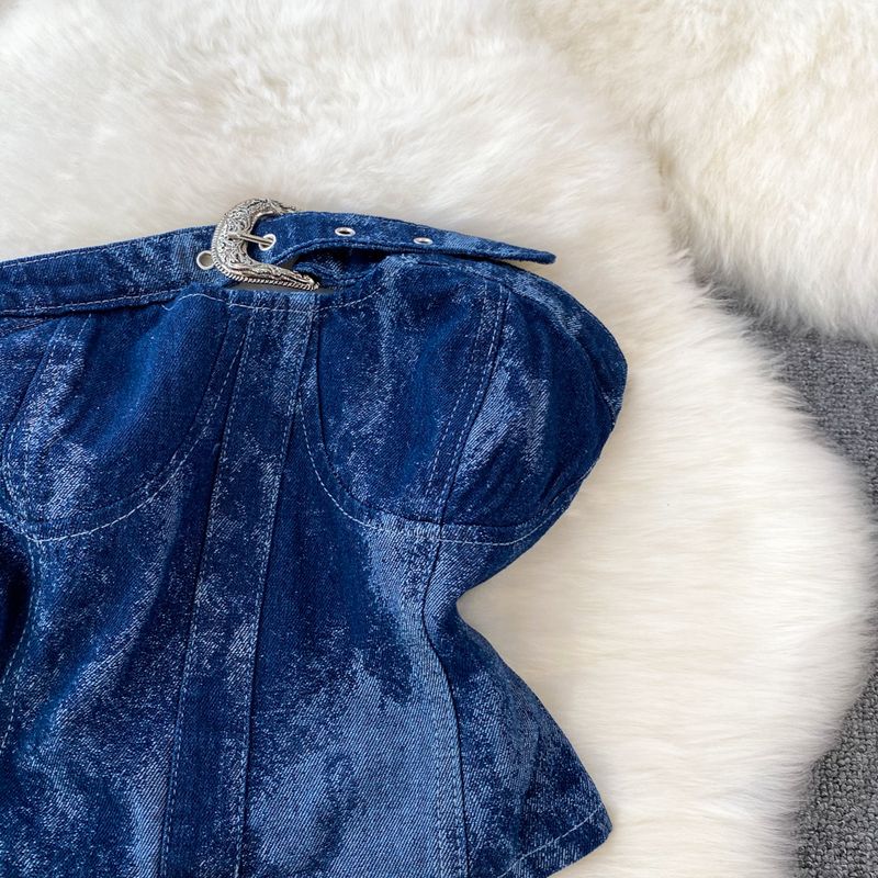 Abito in due pezzi con top in denim a tubino per ragazza hot stile donna, vita alta, dimagrante, minigonna a pieghe a trapezio_voghion.com