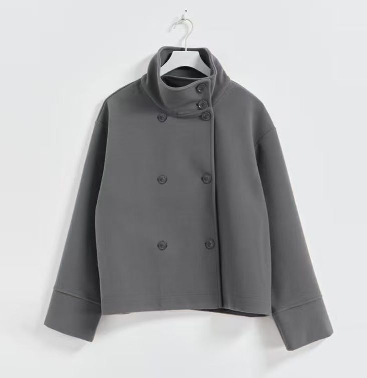 Women's Wool Blend Peacoat - Oversized Double Breasted Jacket With Stand Collar, Elegant Fall/Winter Outerwear For Business Casual_voghion.com