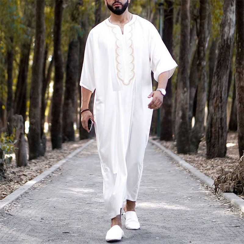 Ανδρικά ρούχα μουσουλμανικά abaya ethnic χαλαρά casual με λαιμόκοψη σε μεσαίο μανίκι onesie_voghion.com