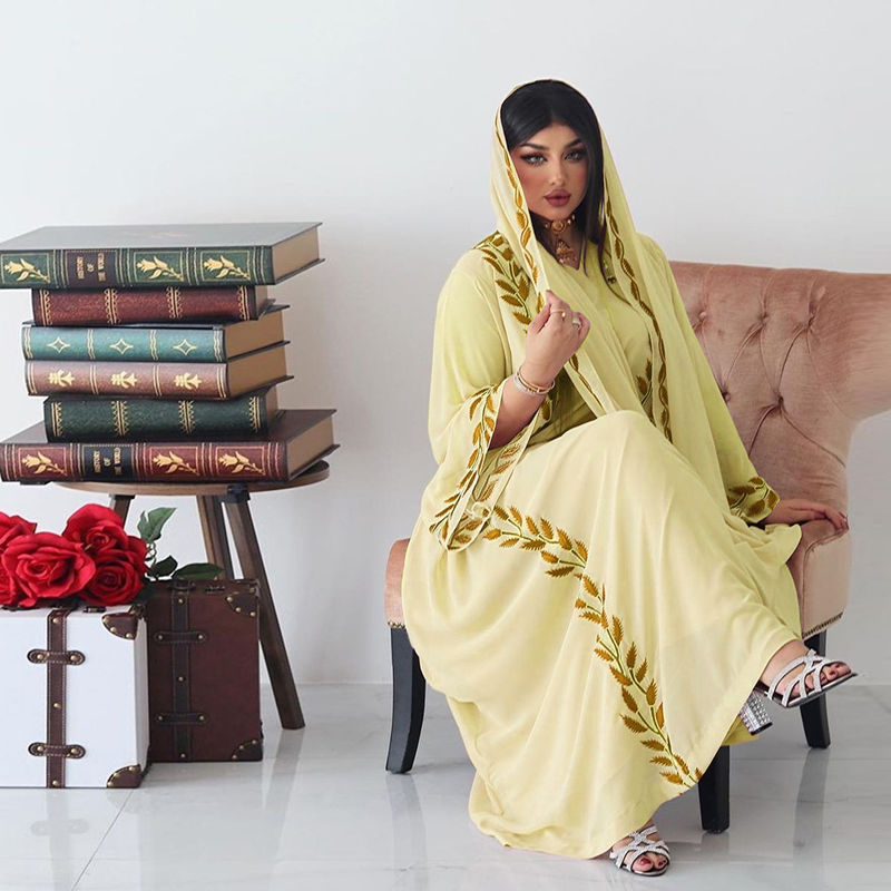 Damenmode Street Chiffon langes muslimisches besticktes rosafarbenes Rundhalskleid mit Hijab_voghion.com