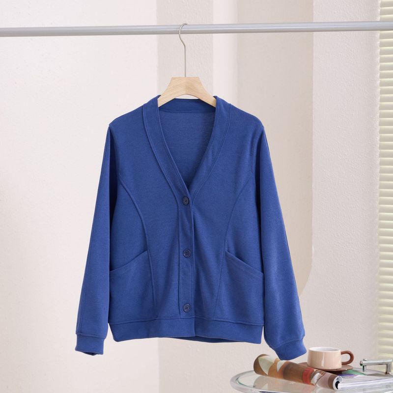 Nový kardigan s dlouhým rukávem a výstřihem do V, Minnie fleece, patchworková přezka, jarní a podzimní literární styl, jednobarevná tenká bunda_voghion.com