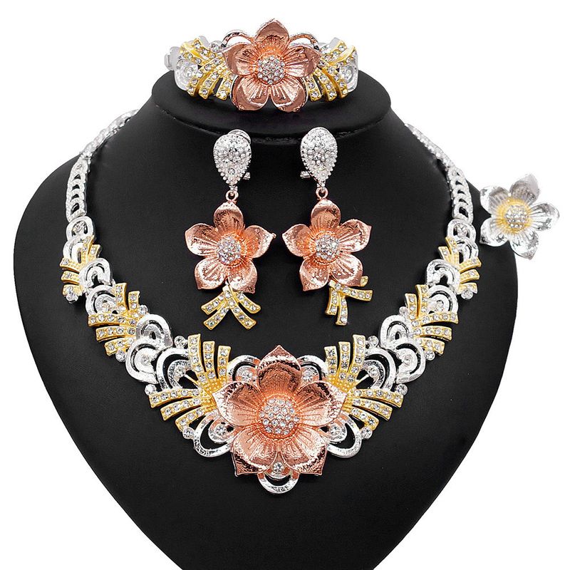 Dubai Diamond Real Gold Plated Necklace Earrings Bracelet Ring Alloy Jewelry Set_voghion.com