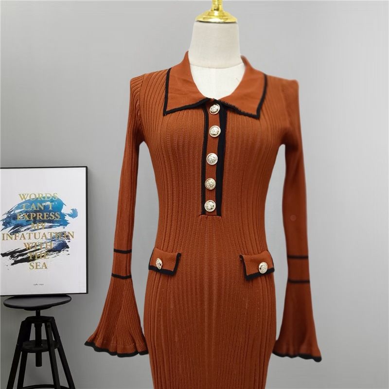 Inspired Strickkleid mit Babydoll-Kragen – X-Linien-Langarmkleid für Damen mit ausgestelltem Saum und Knopfdetail (S-XL, einfarbig, hohe Taille)_voghion.com