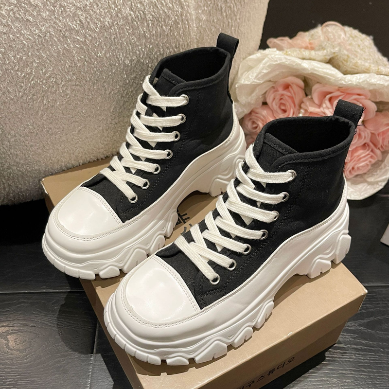 Schuhe Für Frauen Frühling Und Herbst Neue Stil Martin Stiefel High Top Dicken Sohlen Leinwand Mit Erhöhung Kurz_voghion.com