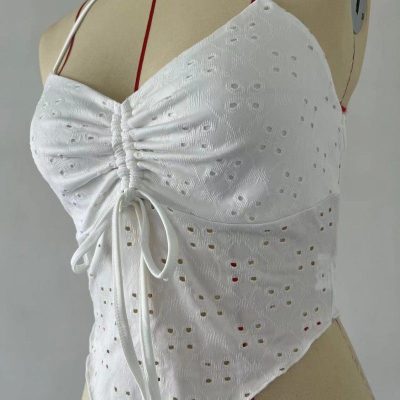 Top camisola irregular con cordón y cuello halter para mujer_voghion.com