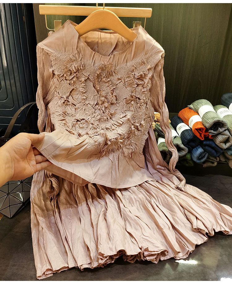 Vêtements pour femmes, jupe plissée à fleurs, haut de gamme, fait à la main, deux pièces, tempérament, mode, costume féminin, automne, nouveauté_voghion.com