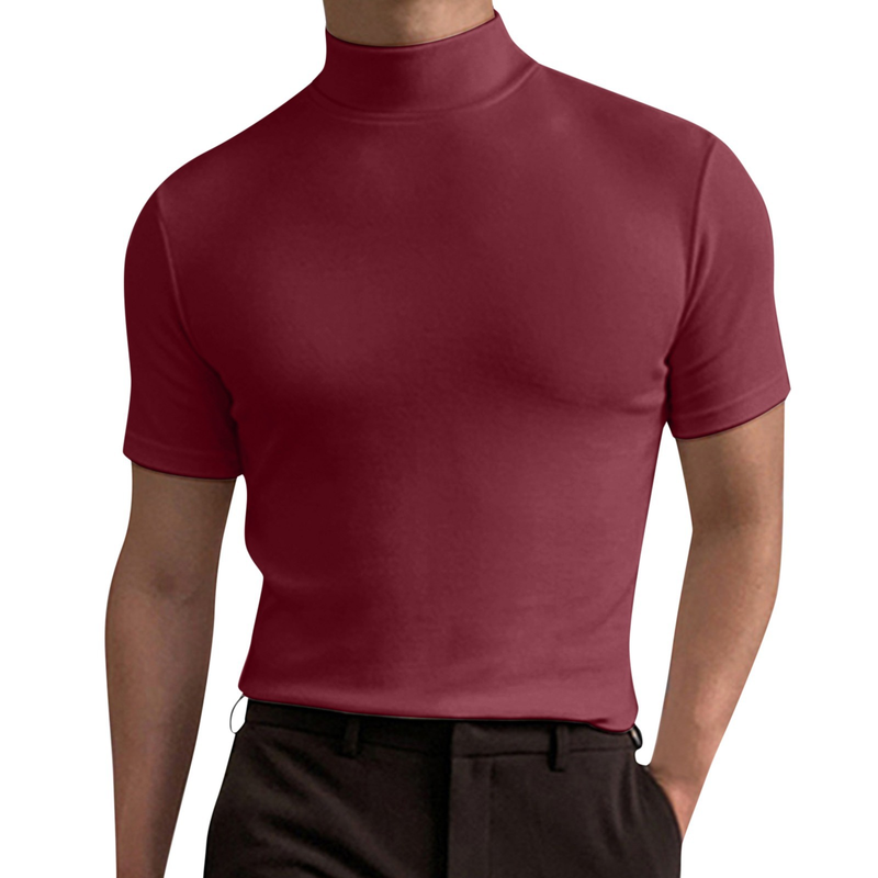 2023 herbst und Winter Hohe Kragen Kurzarm T-shirt männer Unterlage Einfarbig Top_voghion.com