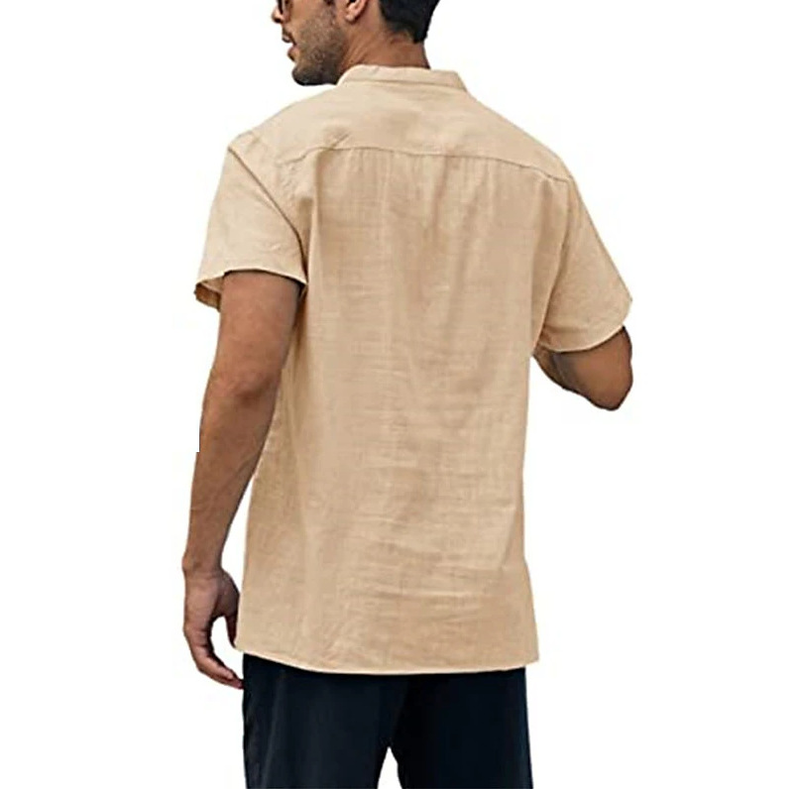 Abbigliamento da uomo, camicia a maniche corte in cotone e lino da uomo, taglia grande, tinta unita, collo alto, camicia ampia da uomo, per ragazzi, modello Cross Border_voghion.com