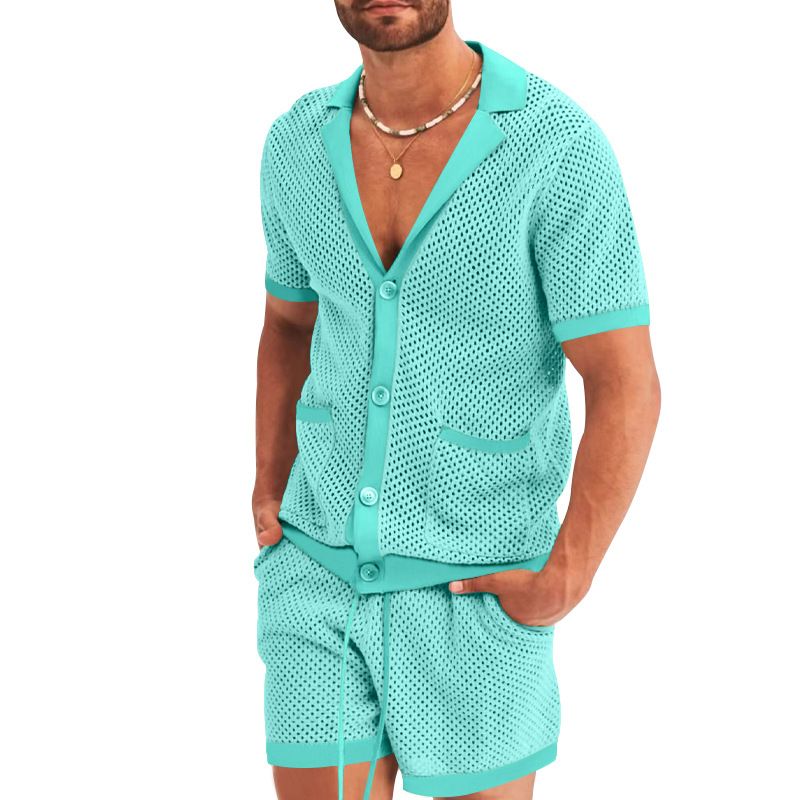 Herrenbekleidung Herrenmode aushöhlen durchsichtig cool lässig dünne Oberbekleidung Herren Kurzarm Shorts Set_voghion.com