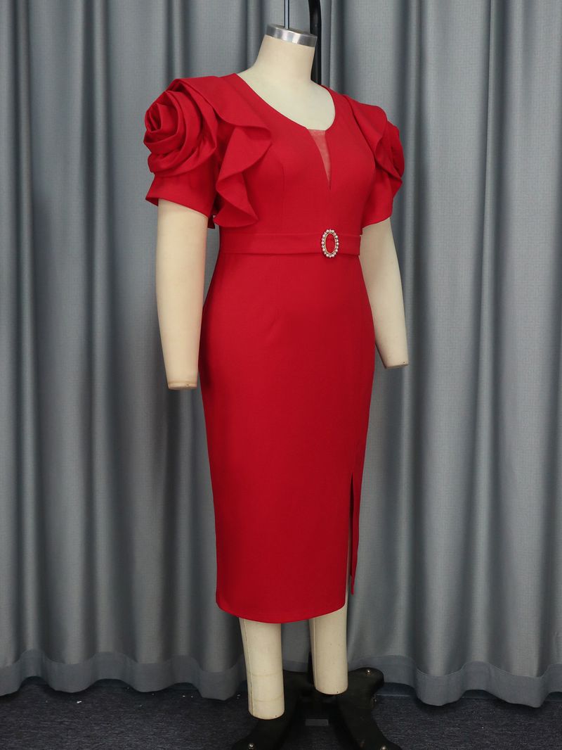 Plus Size Elegant Split Sleeve Party Dress – Belted Wrap Design, Stretchy Polyester, Red (S-1XL, Mid-Length, Flattering A-Line Cut)_voghion.com