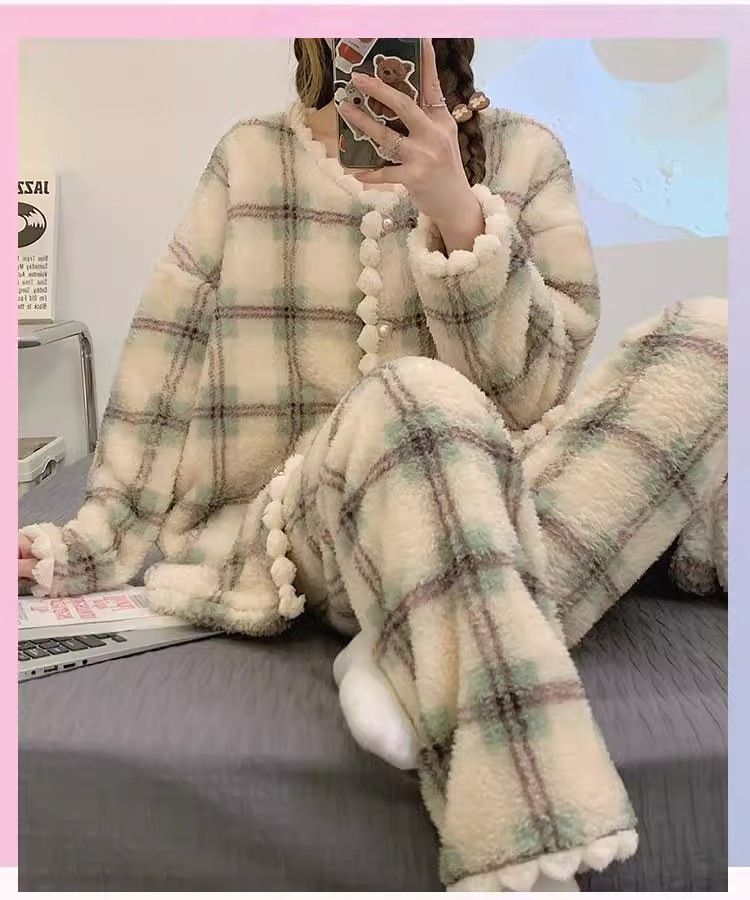 Pigiama in pile corallo per autunno e inverno, cardigan in pile spesso da donna, indossabile anche all'esterno come abbigliamento da casa_voghion.com