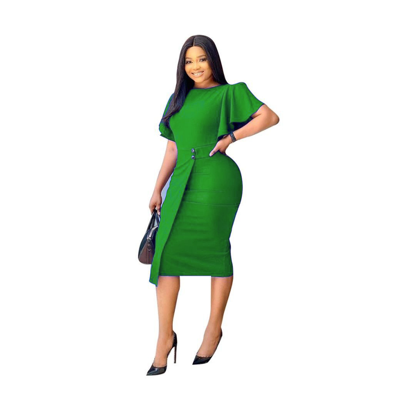 Dammekleid Plus Size Elastesche OL Pendler Temperament Ronn Hals Kuerzärmel Professionelle Bleistiftrock_voghion.com