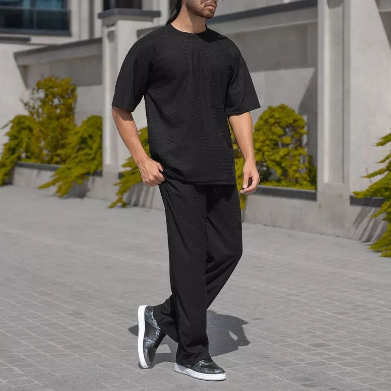"Men's Waffle Knit Short Sleeve Set – Breathable Loose Fit Crew Neck T-Shirt & Casual Pants (Black/Grey/Khaki/Green, Sizes S-XXXL)"_voghion.com