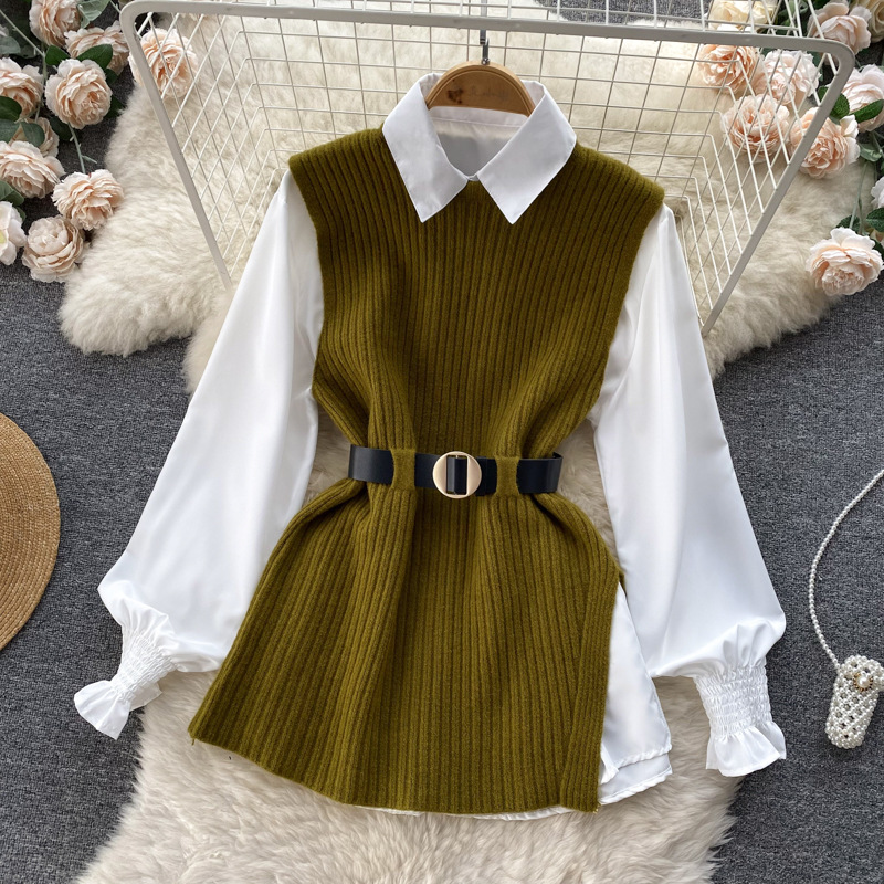 Set de două piese pentru femei, cămașă albă cu mâneci lungi și vestă din tricot despicat_voghion.com