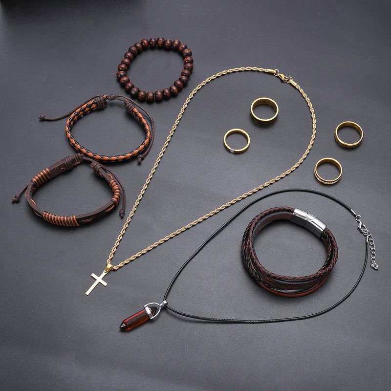 Beliebtes handgewebtes Herrenarmband im Retro-Leder mit Perlenarmband und High-End-Ring-Halsketten-Set_voghion.com