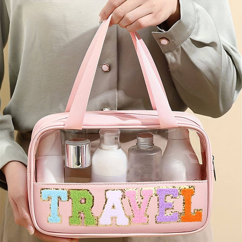 Transparent Letter Pattern Makeup Bag With Handle, Lightweight Portable Waterproof Travel Essentials Large Capacity Cosmetic Bag Zipper Pouch_voghion.com