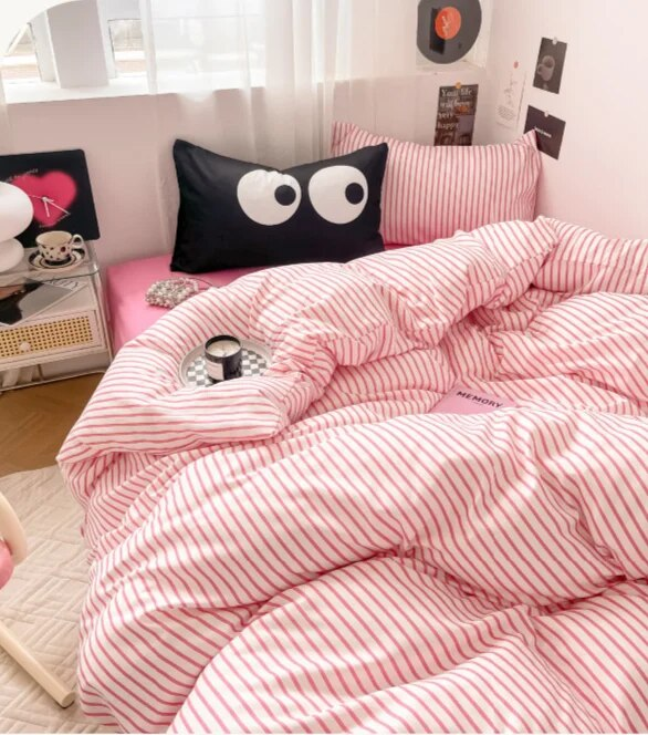 Summer Inns Sweet Cool Blog Stile principale Set di lenzuola a quattro pezzi a righe semplici colorate per la biancheria da letto del dormitorio degli studenti_voghion.com