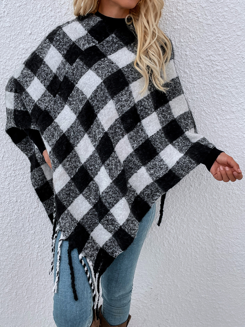 Maglieria da donna maglione a secchiello in pongee con scialle con frange a quadri mille uccelli_voghion.com