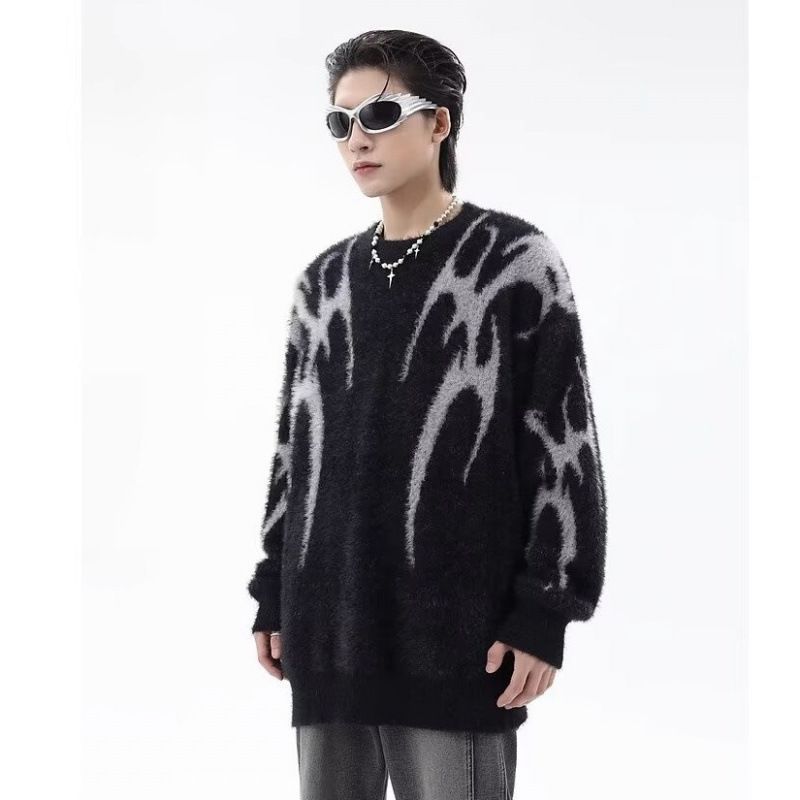 Autumn And Winter High Street Retro Jacquard Design Round Neck Sweater Men's Loose Pullover Knitted Sweater_voghion.com