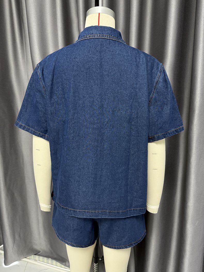 K European And American Retro Casual Loose Pocket Short-sleeved Shirt Shorts Denim Two-piece Set_voghion.com