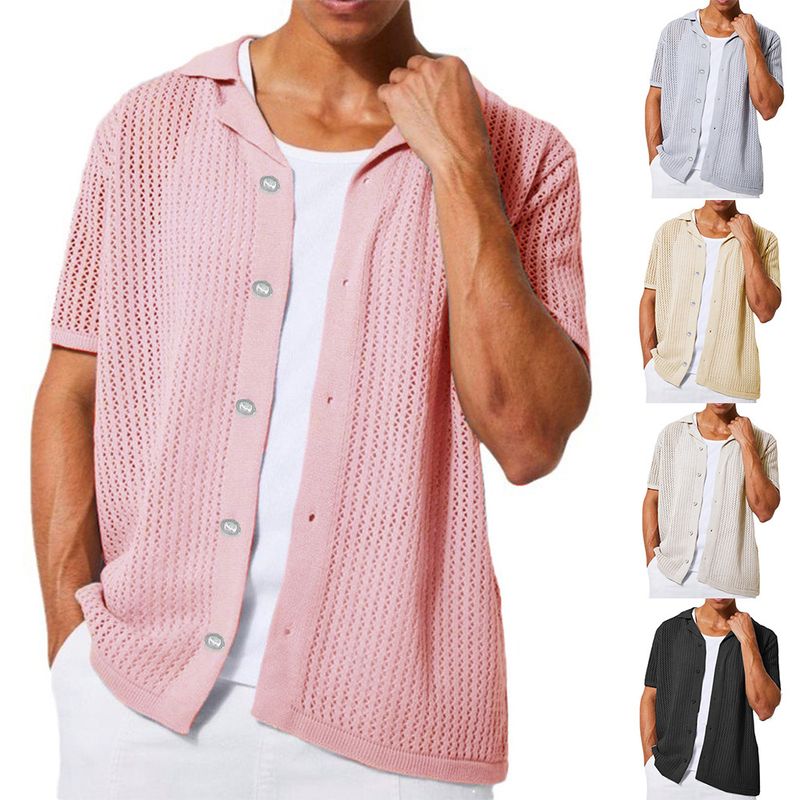 Herrenbekleidung Herren Casual Strickjacke Sommer Cool Hollow Kurzarm Herrenhemd Einfarbig Herrenoberteile_voghion.com