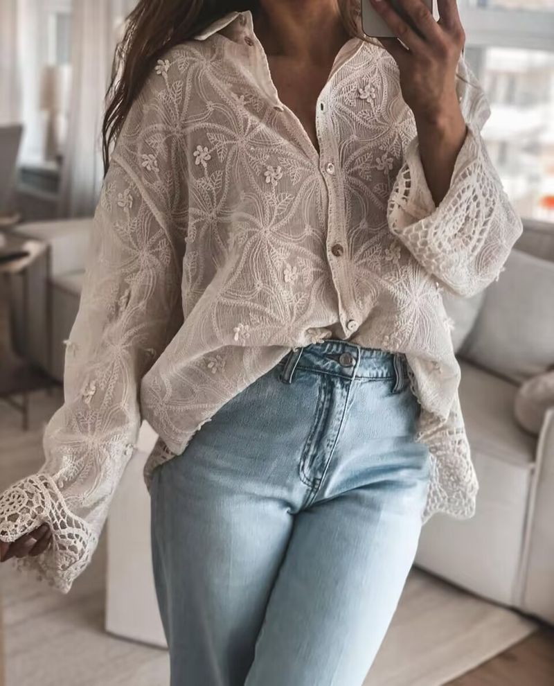 Ropa de mujer nueva camisa informal de algodón con bordado de encaje y costuras_voghion.com