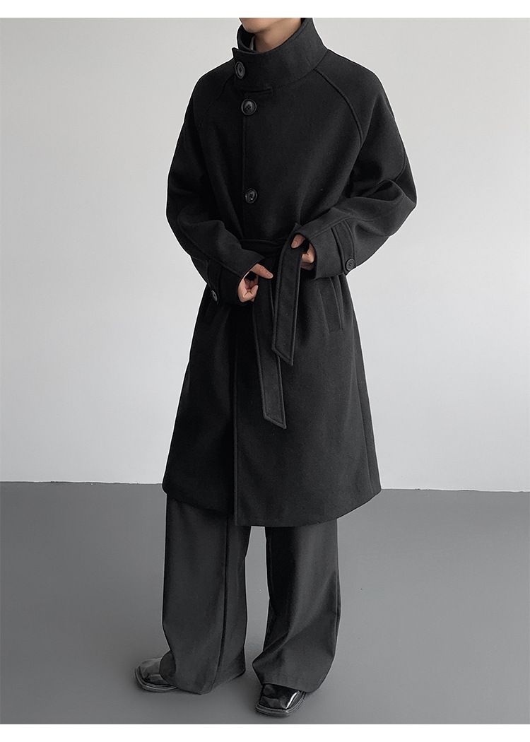 Gabardina de mezcla de lana con cuello alto para hombre: abrigo largo entallado, chaqueta de invierno de botonadura sencilla (negro/albaricoque, M-5XL)_voghion.com