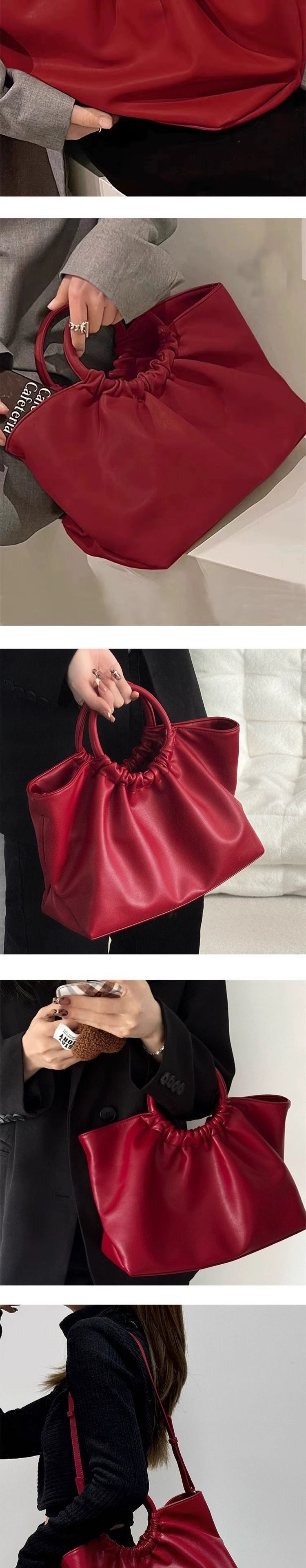 Genuine Leather Red Bridal Handbag 2025 Spring And Summer New Single Shoulder Large Capacity Commuter Cloud Bag Fashion Versatile Casual Daily Simple_voghion.com