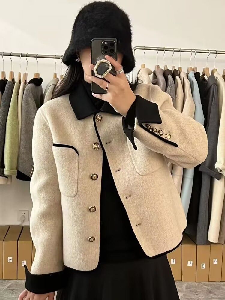 Kurzer Wollmantel für Damen – modische Oberbekleidung für Herbst und Winter, eleganter Blazer mit lockerer Passform, lässig-schickes Design, passt in kleine Größen, Grau und Beige_voghion.com