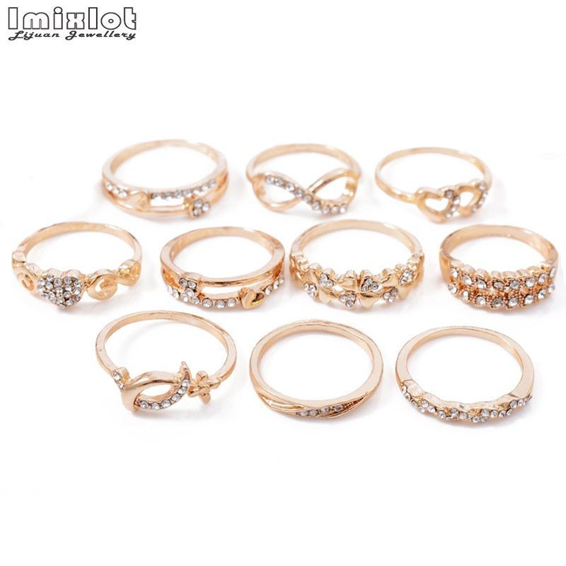Vendite calde 10 pezzi Lotti all'ingrosso Moda Oro Colore Cristallo Strass Anelli di nozze Gioielli femminili #0201_voghion.com