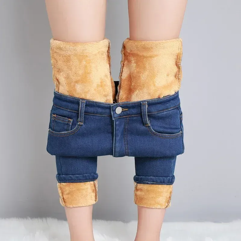 Winter Lady Thermal Plush Jeans Snow Warm Stretch Jeans Hot Sale High Waist Fleece Pants Female Straight Leg Denim Trousers_voghion.com