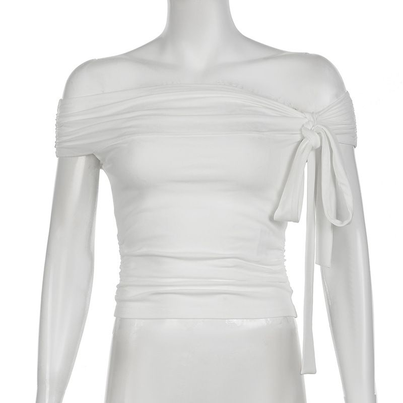 Top in maglia irregolare con nastro annodato dal design personalizzato per donna con scollo a spalle scoperte, maglietta estiva slim fit tinta unita di base_voghion.com