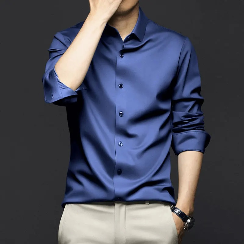 High Quality Men's Long Sleeve Shirt Luxurious Wrinkle-resistant Non-iron Solid Color Business Casual Ice Silk Poplin_voghion.com