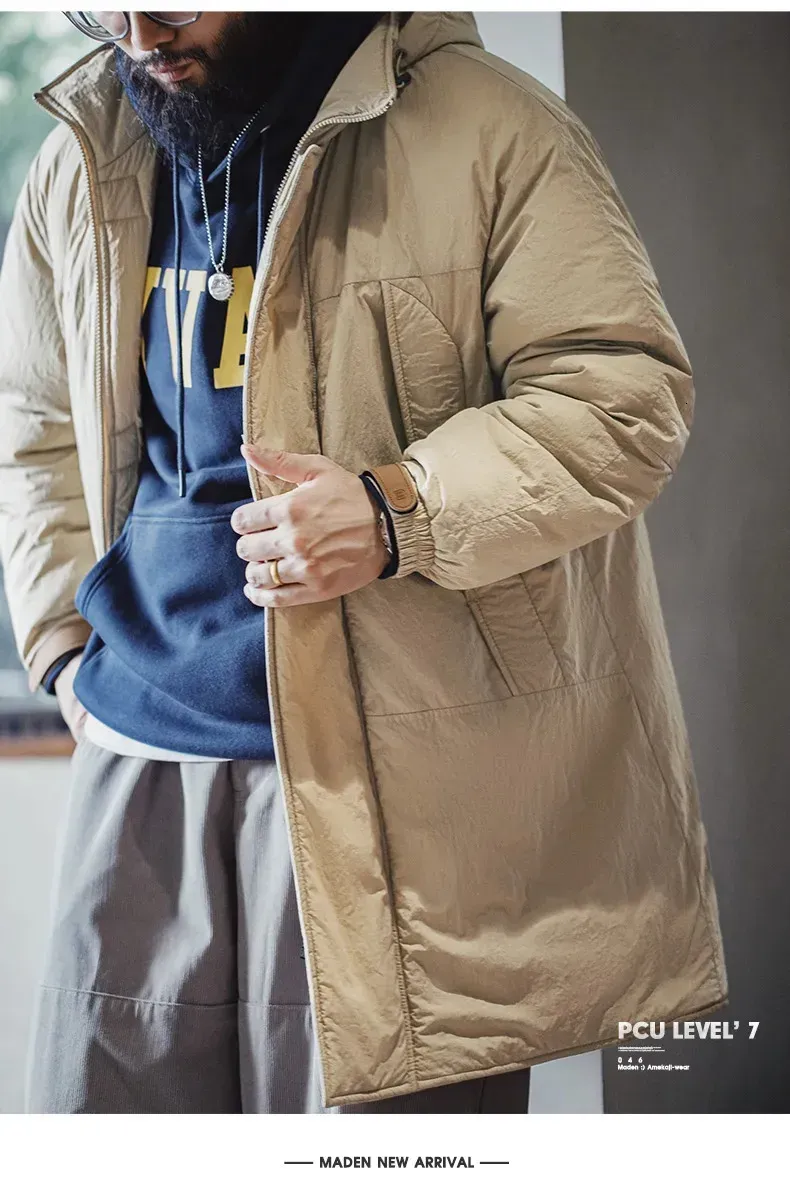 Maden Vintage, giacca imbottita in cotone di media lunghezza, con cappuccio color cachi, giacca da uomo in PCU Level7, classico parka invernale caldo_voghion.com
