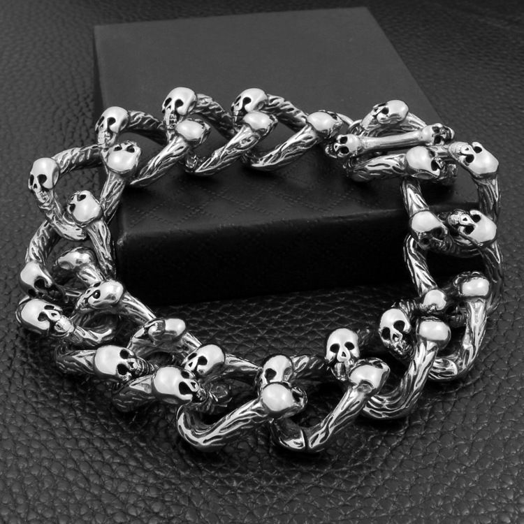 Pulseira criativa com caveira de duas fileiras em liga de zinco, estilo rock punk, cabeça de fantasma, joia e anel_voghion.com