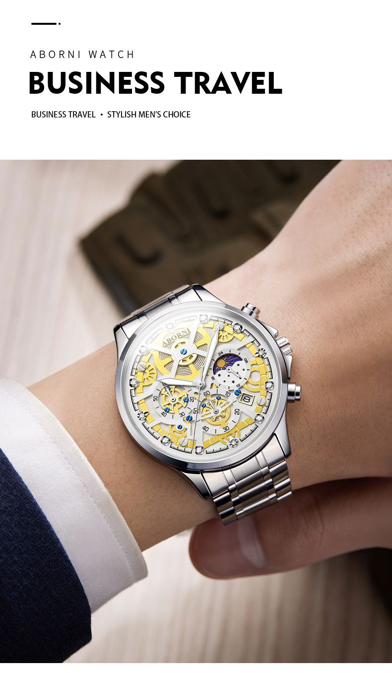 Men's Stainless Steel Quartz Watch With Luminous Hands, Moon Phase & Date Display - Fashionable Chronograph Design, Water Resistant Up To 30M_voghion.com