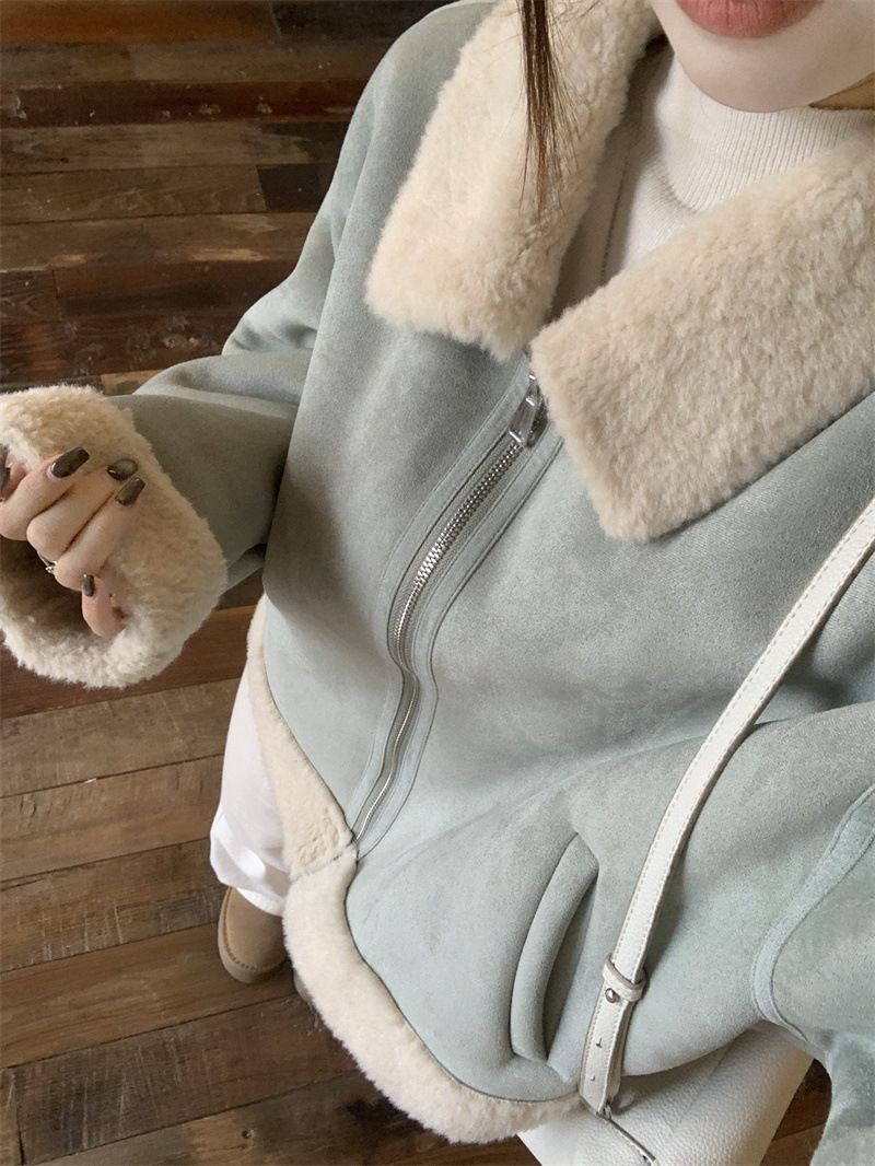 2025 Winter Koreanischen Stil High-End Hellblau Revers Kurzen Lamm Wolle Mantel Für Frauen, Schaffell Integrierte Jacke Top_voghion.com