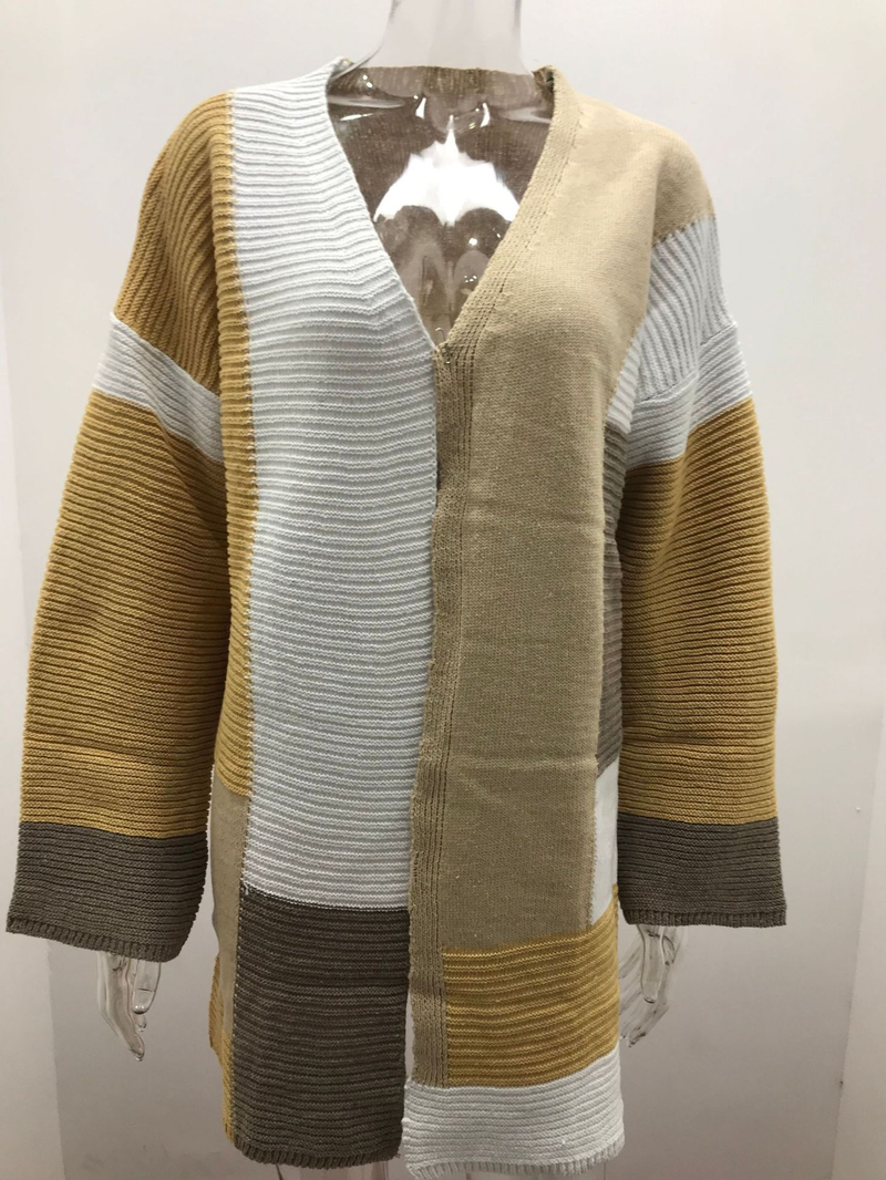 Women's large size loose geometric color matching sweater cardigan_voghion.com