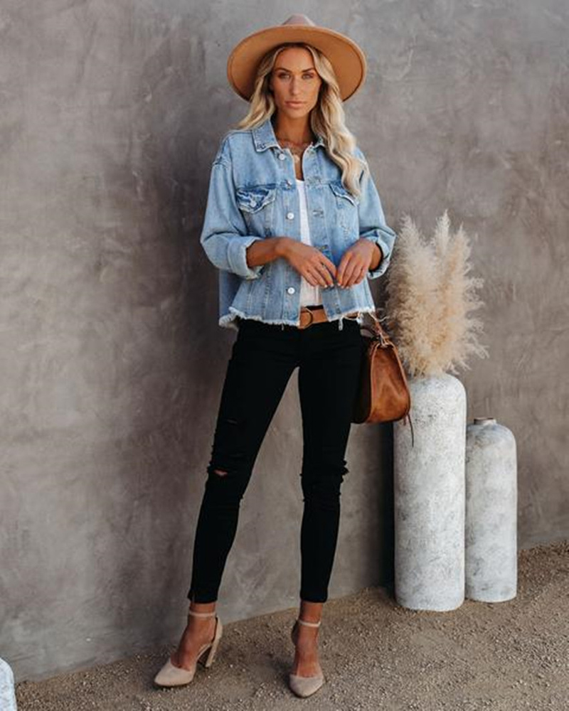 2021 Vår Höst Lös Street Hipster Dam Jeansjacka Burrs Långärmad Kort jeansjacka För Dam Jeans Plus Size_voghion.com
