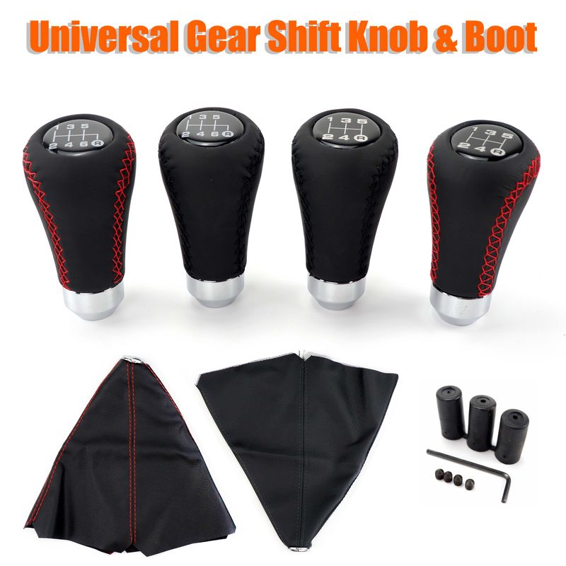 Universal Car Shift Knob Gear Stick + Boot Set 5 / 6 Speed Manual Shifter Lever Black Red e PU Leather_voghion.com