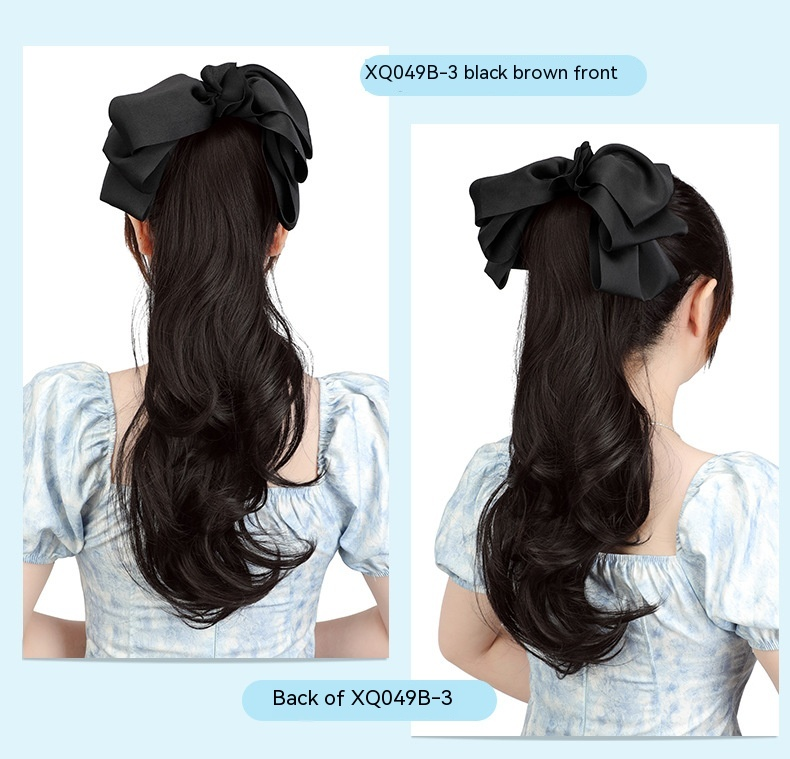 Nuova parrucca di vendita calda con fiocco nero e piccola clip sulla coda di cavallo, capelli ricci lunghi, copricapo rosso Internet, accessori per capelli realistici e naturali_voghion.com