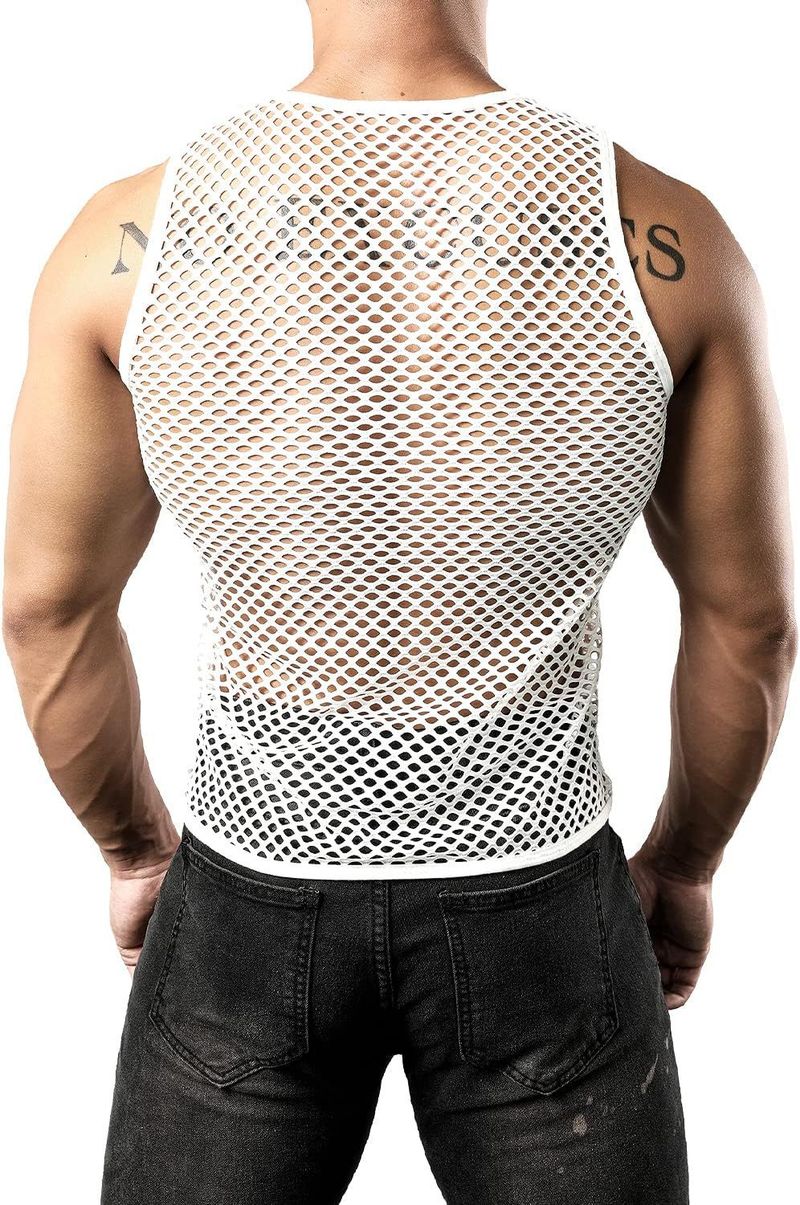 Herrenbekleidung Sommer Neue Hohlweste Rundhals-Top Netzweste Atmungsaktive lockere lässige ärmellose große Bluse Herren_voghion.com