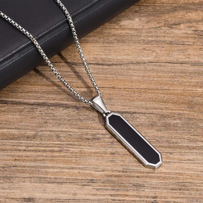 Simple and personalized geometric item, steel color chain, titanium steel, black oil dripping long strip pendant_voghion.com