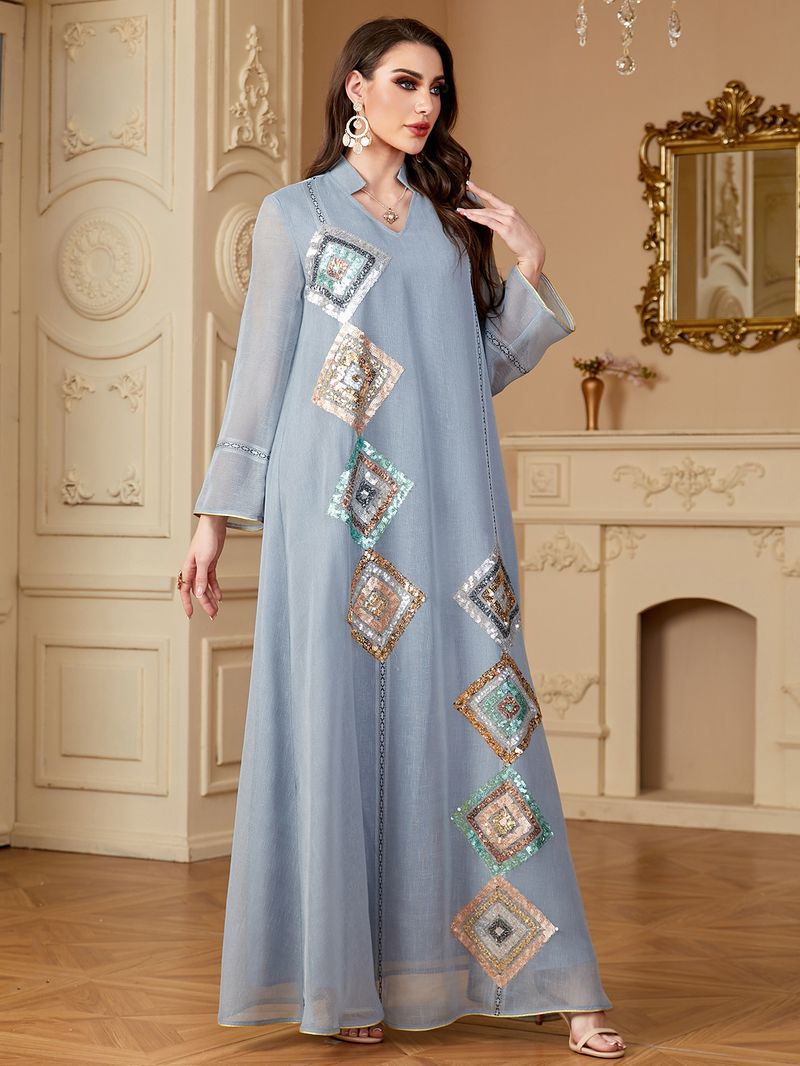 Women's Clothing Muslim Middle East Sleeved Abaya Sequined Long Skirt Saudi Arabia Dubai Dress_voghion.com