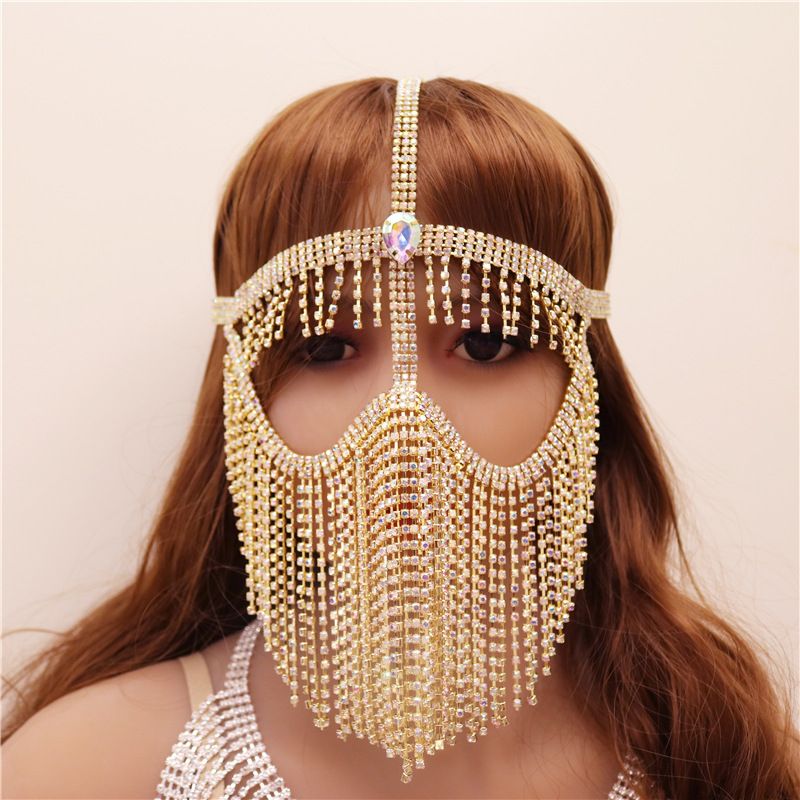 Bauchschleier aus Metall mit Diamantkette, Bühnen- und Nachtclub-Maske für den indischen Tanz, Kopfbedeckung im Western-Stil, Gesichtsbedeckung für Frauen_voghion.com