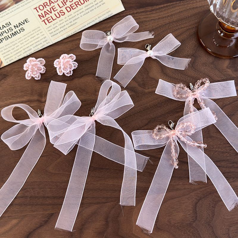 Ins Style Detachable Pink Ribbon Bow Crystal Beaded Shoe Buckle Shoe Flower Ballet Style Decorative Buckle Sneakers_voghion.com