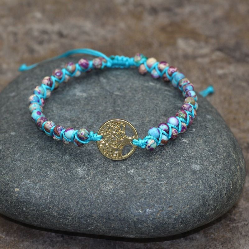 Pulsera tejida de doble capa con colgante de piedra del árbol de la vida para amantes del yoga_voghion.com