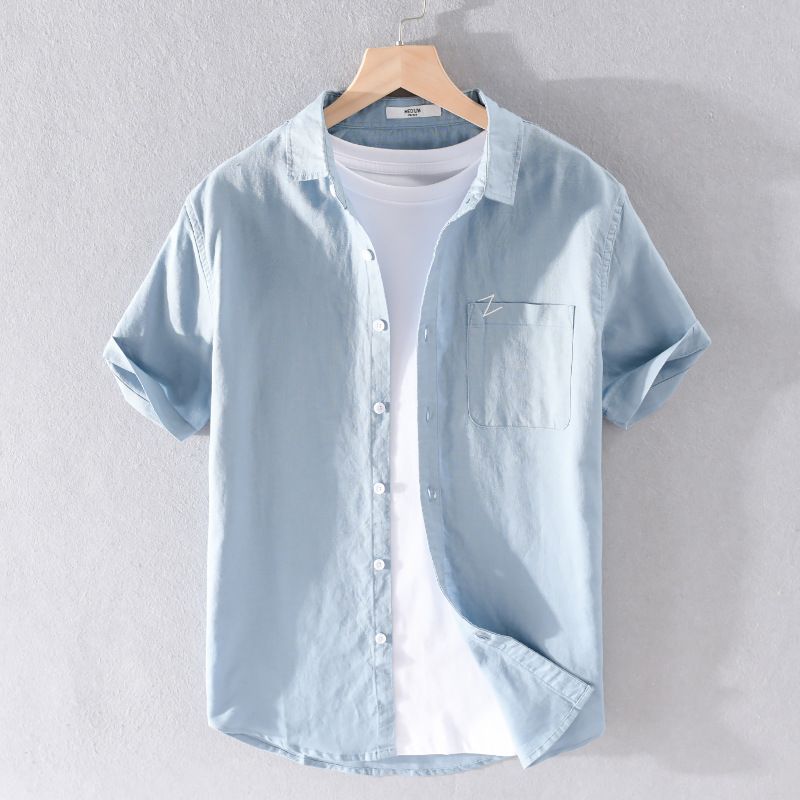 Camicia a maniche corte in lino e cotone da uomo, casual ed estiva, fresca e versatile, alla moda, per ragazzi._voghion.com