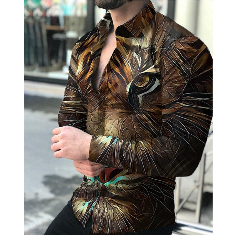 European And N Men S Cardigan Animal Print Casual Shirt Long Sleeved_voghion.com