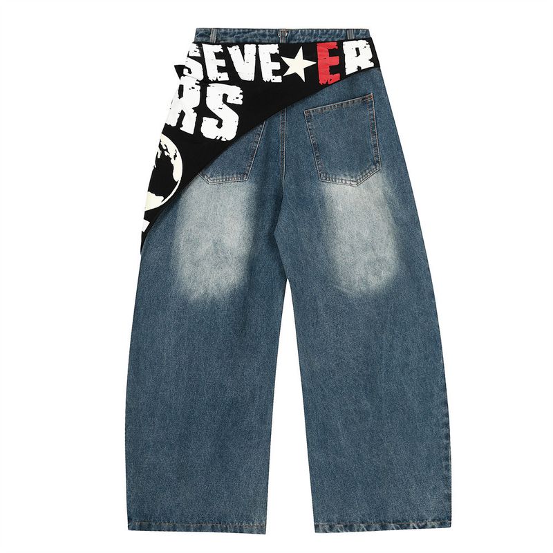 American Street Style Unique Scimitar Jeans For Men With Niche Design, Drawstring Waist, Washed Long Pants, Oversized_voghion.com